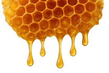 Golden honey dripping from a natural wax honeycomb, sweet liquid food with hexagonal cells, organic dessert