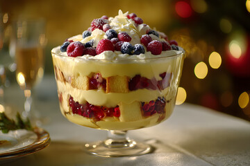 Classic Christmas Dining Table with Berry Dessert and Elegant Gold Decorations in Warm Setting
