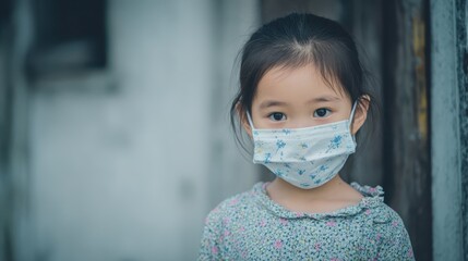 Child wearing a floral mask stands outside in a quiet urban area during the day, looking curiously at the camera
