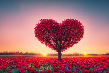 Tree 1of love in spring. Red heart shaped tree at sunset.