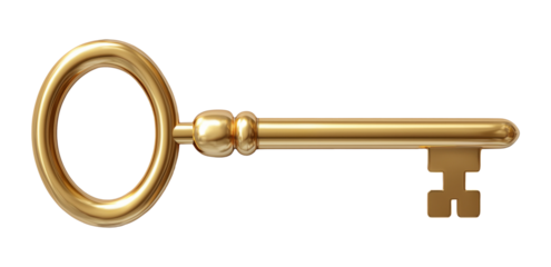 Ornate vintage gold key with decorative handle and classic design isolated on transparent background