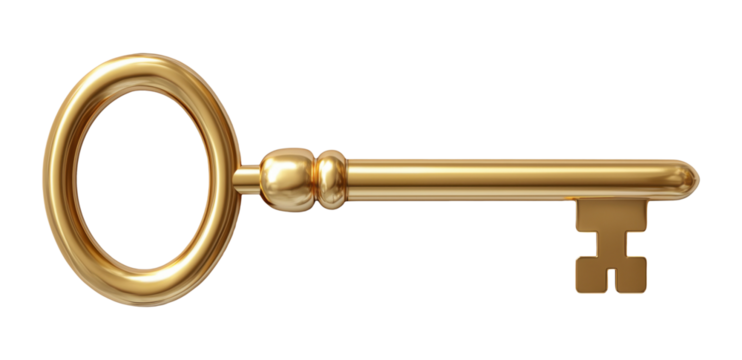 Ornate vintage gold key with decorative handle and classic design isolated on transparent background