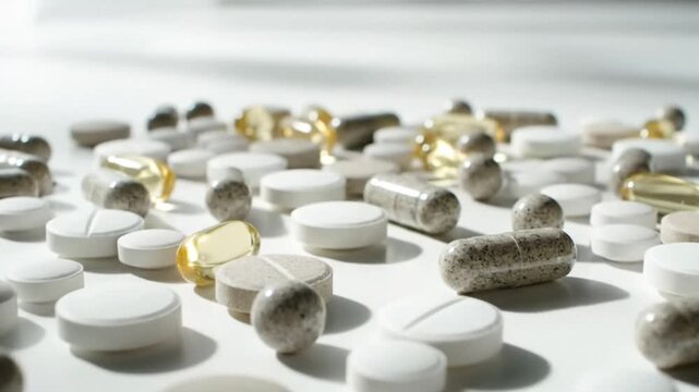 Pharmaceutical Products Variety on White Table Surface with Soft Lighting Showing Pills Capsules and Supplements for Medical and Healthcare Usage and Treatment in White Background