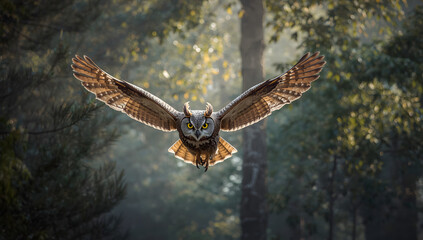 Obraz premium majestic eagle soaring through forest light with open wings, powerful bird of prey in flight above nature landscape, dramatic wildlife scene in natural outdoor habitat and sky