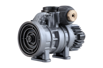 Industrial metallic centrifugal pump with chrome details, isolated on transparent background