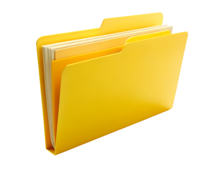 Bright yellow file folder packed with documents isolated on transparent background