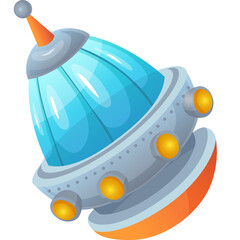 Retro Sci Fi Spaceship With Blue Dome and Orange Accents on a Transparent Background