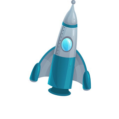 Retro Style Blue Rocket Ship with Fins and Oval Window Against a White Background