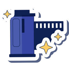 Retro Blue Film Canister With Yellow Stars And Sparkles On A Transparent Background Representing Vintage Photography And Filmmaking Concepts