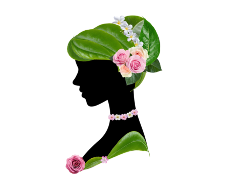 floral silhouette of a woman, isolated on white background.