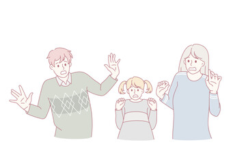 Shocked scared family with daughter feel terrified by unexpected unpleasant news. Unhappy parents with small girl child have fear feel terrified frightened. Panic attack. Flat vector illustration.