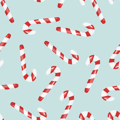 Candy canes, seamless pattern. Endless Christmas background, festive print with sweet Xmas confectionery.