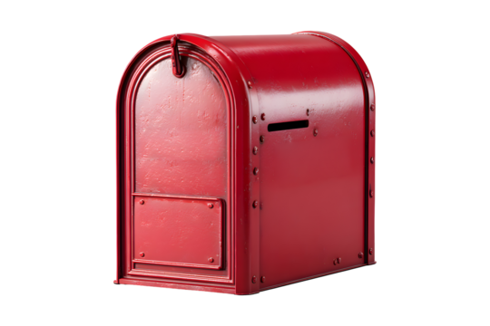Vintage red mailbox with curved top and embossed surface, isolated on transparent background