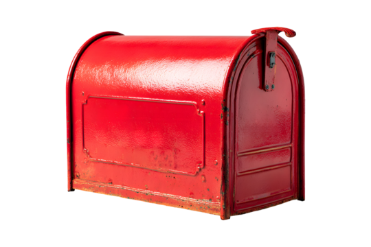 Vintage red mailbox with curved top and embossed surface, isolated on transparent background