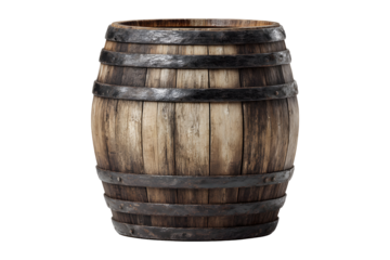 Rustic wooden barrel with iron bands and aged wood texture, isolated on transparent background