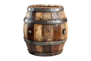 Rustic wooden barrel with iron bands and aged wood texture, isolated on transparent background