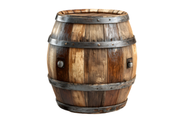 Rustic wooden barrel with iron bands and aged wood texture, isolated on transparent background