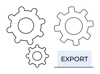 Three gear cogs beside export container suggest interconnectivity, process optimization, and trade flow. Ideal for manufacturing, logistics, trade, automation, efficiency, industry and teamwork