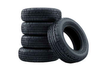 Stack of black car tires with detailed tread pattern, isolated on transparent background