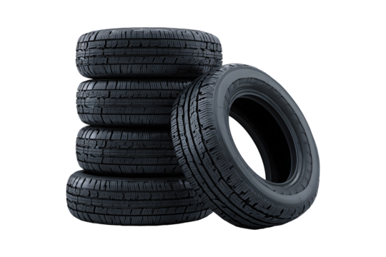 Stack of black car tires with detailed tread pattern, isolated on transparent background