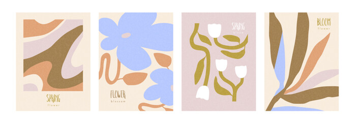 Fototapeta premium Abstract modern floral posters set. Trendy style cards, vertical backgrounds with flower blossoms, leaf, nature design. Spring and summer blooms and leaves pattern, frame. Flat vector illustrations