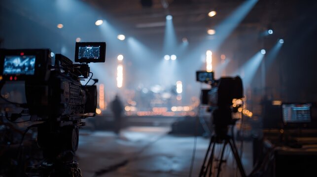 Camera setup in a darkened studio for a live music performance with bright stage lights