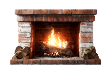 Traditional brick fireplace with burning firewood and glowing flames, isolated on transparent background