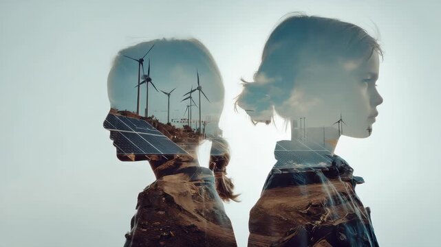 Little girl and child running in front of windmill, renewable energy and sustainable resource windmill. Child playing, environment, electricity, technology, generator, power