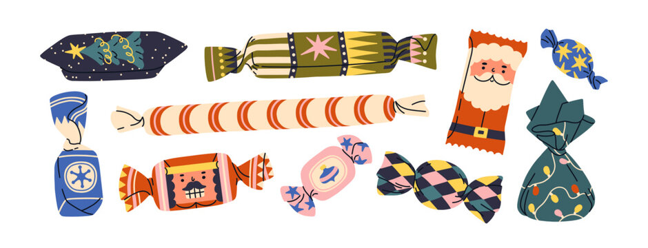 Candies in Christmas wrappers set. Winter holiday sweets in Xmas wrapping design with Santa, nutcracker. Festive sugar snacks, chocolate, caramel. Flat vector illustration isolated on white background