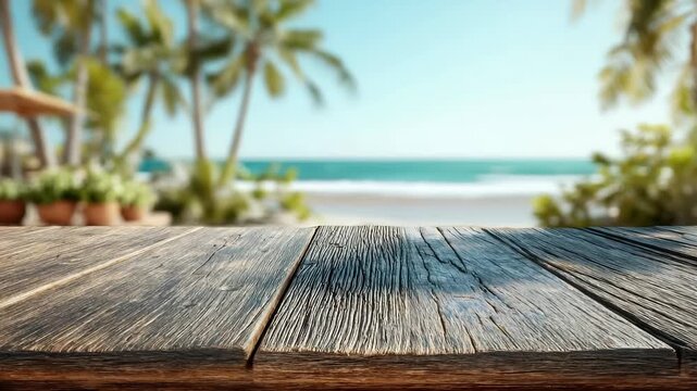 Dark wood floor top on blur tropical beach background, Advertisement, Print media, Illustration, Banner, for website, copy space, for word, template, presentation