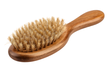 Wooden hair brush with natural bristles and curved handle, isolated on transparent background