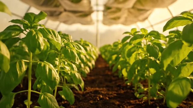 Close Up View of Rows of Vibrant Green Basil Plants Growing in Brown Soil Inside of a Bright Greenhouse on Sunny Day Provides a Warm Organic Feel