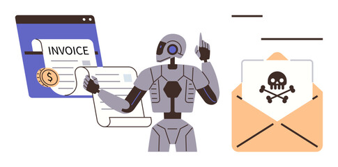 Robot reviewing financial invoices on screen, with open envelope containing malware icon. Ideal for cybersecurity, AI, automation, finance, fraud detection, technology risks, simple flat metaphor