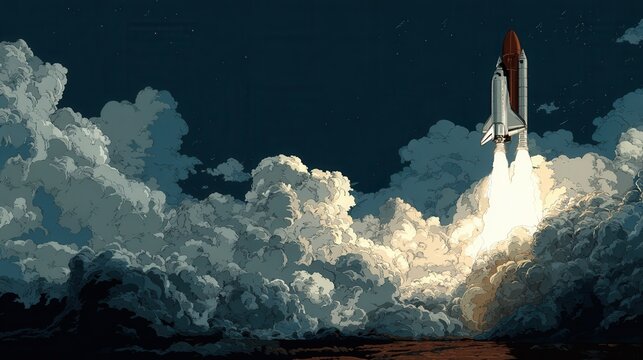 Rocket launches into the night sky surrounded by clouds and smoke, marking a historic space mission - Powered by Adobe