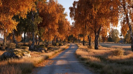 Fototapeta premium Nature's golden blanket: an enchanting birch grove in early frost. Human touch. Golden leaves and misty horizons: an autumnal birch lined scenic route. Feature story. News style.