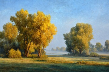 Fototapeta premium Golden tranquility: autumn's embrace in the morning meadow. Authentic moment. Enchanting autumn scene: vivid colors and gentle mist in the meadow. Feature story. Real vibe.