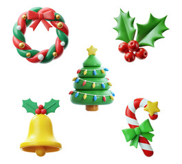 Festive holiday cheer with vibrant Christmas tree wreath candy cane holly and bell decorations for seasonal joy isolated on png transparent background