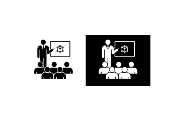 Black and white icon showing a person giving a presentation to an audience, symbolizing teaching, training, or communication in a professional or educational setting.