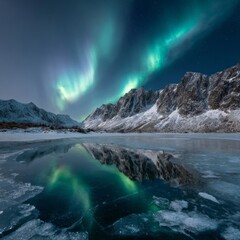 Naklejka premium Dazzling lights dance across the night sky, reflecting off a frozen lake nestled within rugged mountains under a starry expanse, evoking a sense of wonder and tranquility