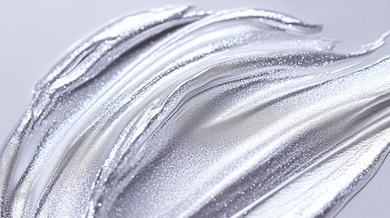 Silver metal swatch on grey background. Liquid texture of acrylic paint or cosmetics. Professional studio light, 45 degree view
