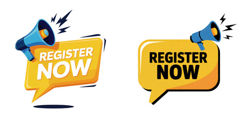 Urgent register now announcement with vibrant megaphone promote event or course with call to action to sign up today isolated on png transparent background