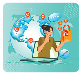 Virtual Sales. Global Online Shopping Support Agent Demonstrates Multinational Market Trends.