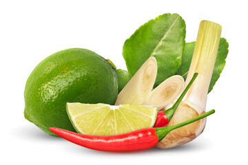 Galangal lemongrass kaffir lime leaves lime red chili pepper composition isolated on white background. Tom yum ingredient