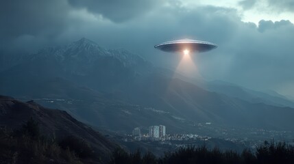 Unidentified flying object hovers over city with mountains in the background during a cloudy evening