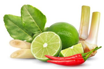 Galangal lemongrass kaffir lime leaves lime red chili pepper composition isolated on white background. Tom yum ingredient