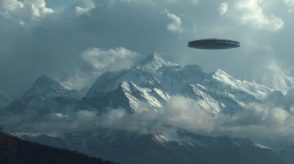 Obraz premium Mysterious flying object over majestic snow-covered mountains during a cloudy afternoon