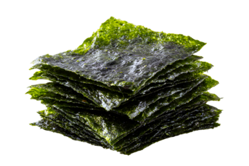 Stack of dried seaweed nori sheets with glossy green texture, isolated on transparent background