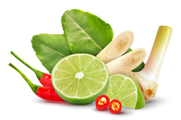 Galangal lemongrass kaffir lime leaves lime red chili pepper composition isolated on white background. Tom yum ingredient