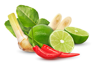 Galangal lemongrass kaffir lime leaves lime red chili pepper composition isolated on white background. Tom yum ingredient
