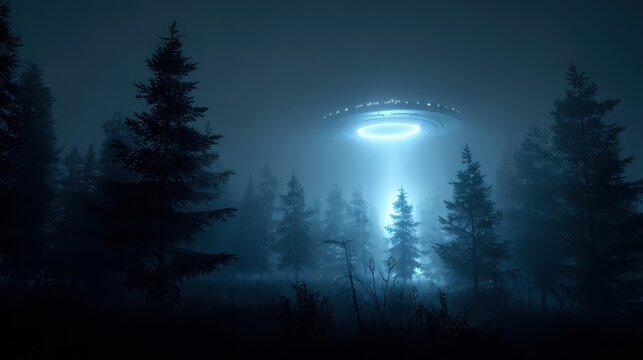 Mysterious lights illuminate a dark forest at night in an eerie alien encounter scene